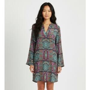 TOLANI global medallion silk shirt dress size S boho artisan mixed print v-neck